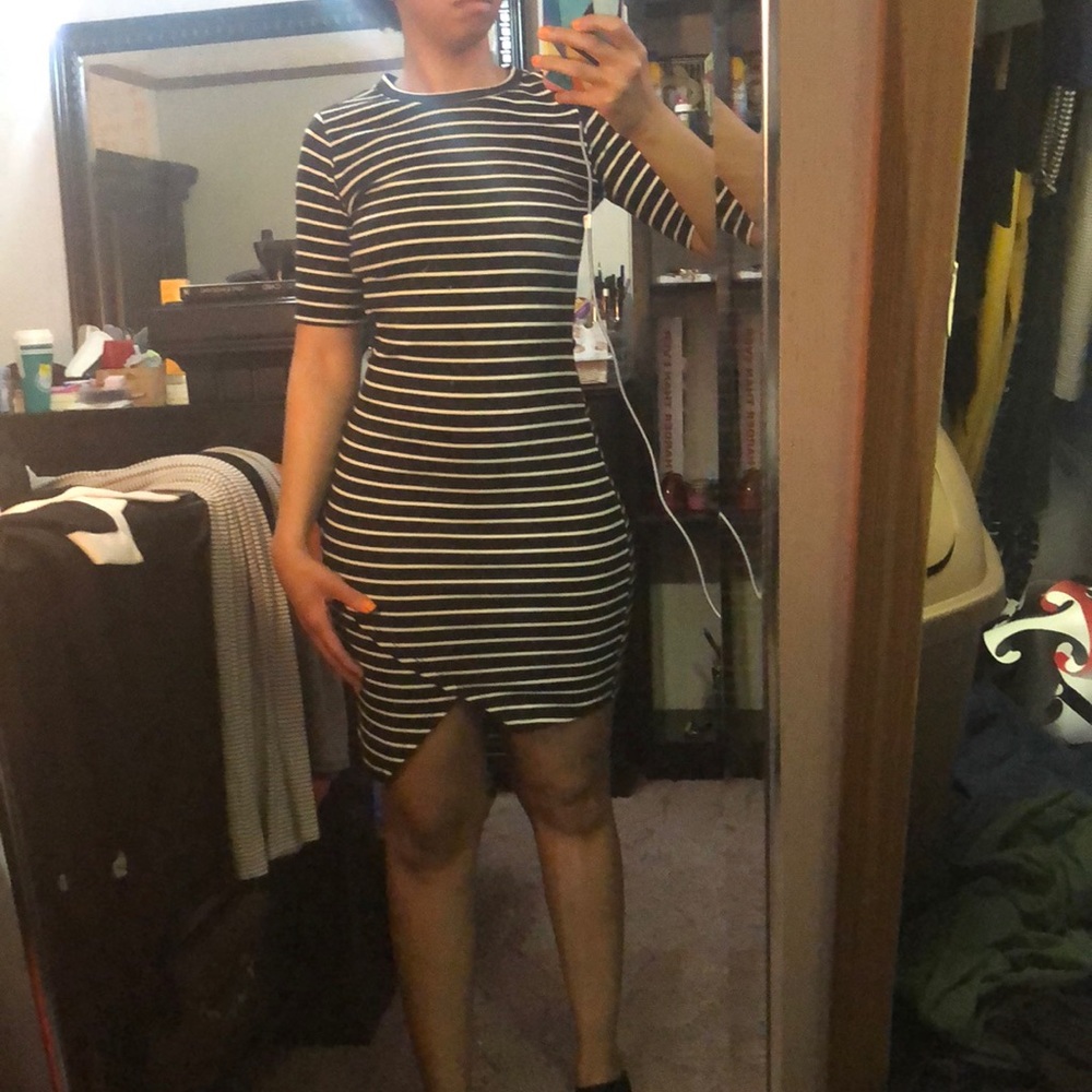 Zip-side Black and White striped dress